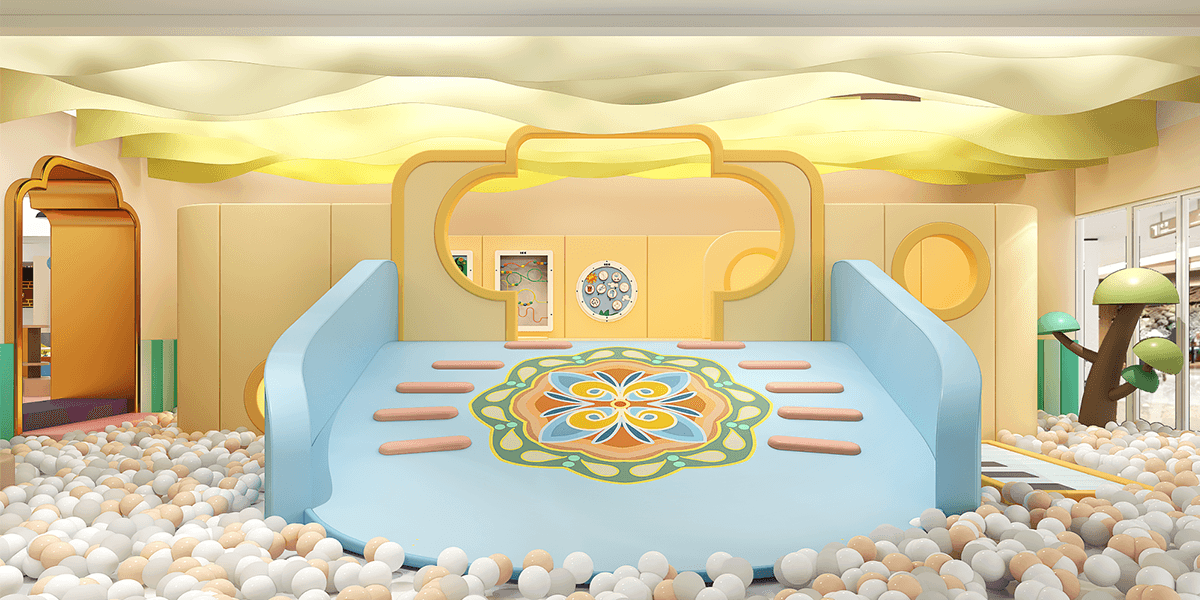 Colorful play area with a soft slide, interactive play panels, and a ball pit surrounded by playful pastel arches and trees.