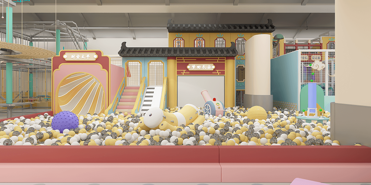 Playful indoor play area with a ball pit, slides, colorful toys, and a whimsical Chinese-style building backdrop.