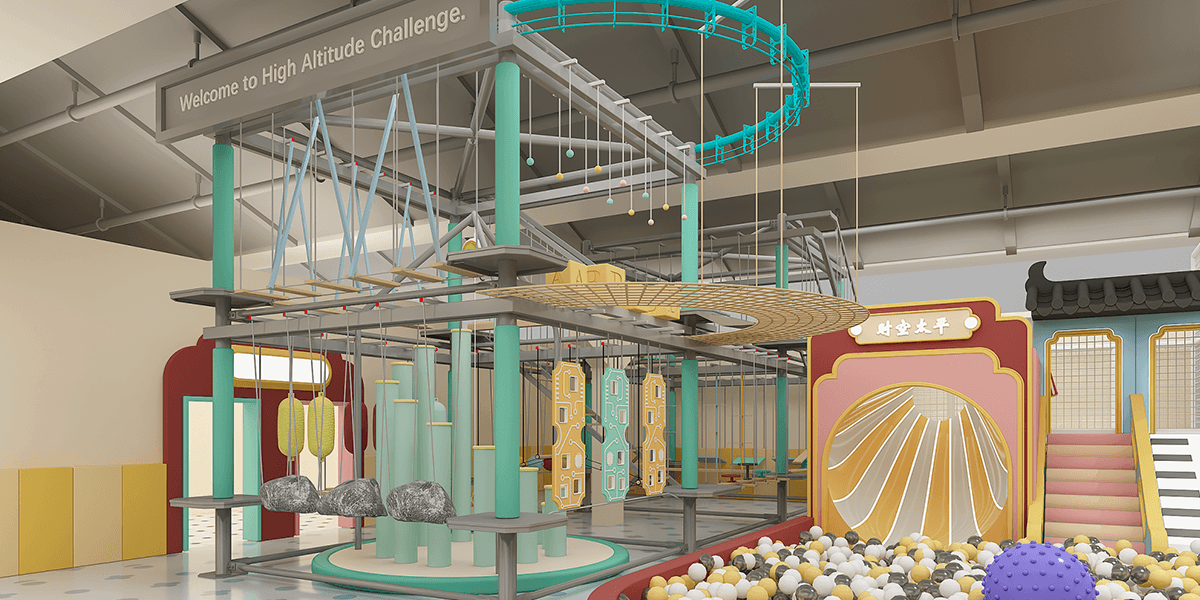 Indoor play area featuring a high-altitude challenge course with hanging obstacles, colorful balls, and a playful entrance.