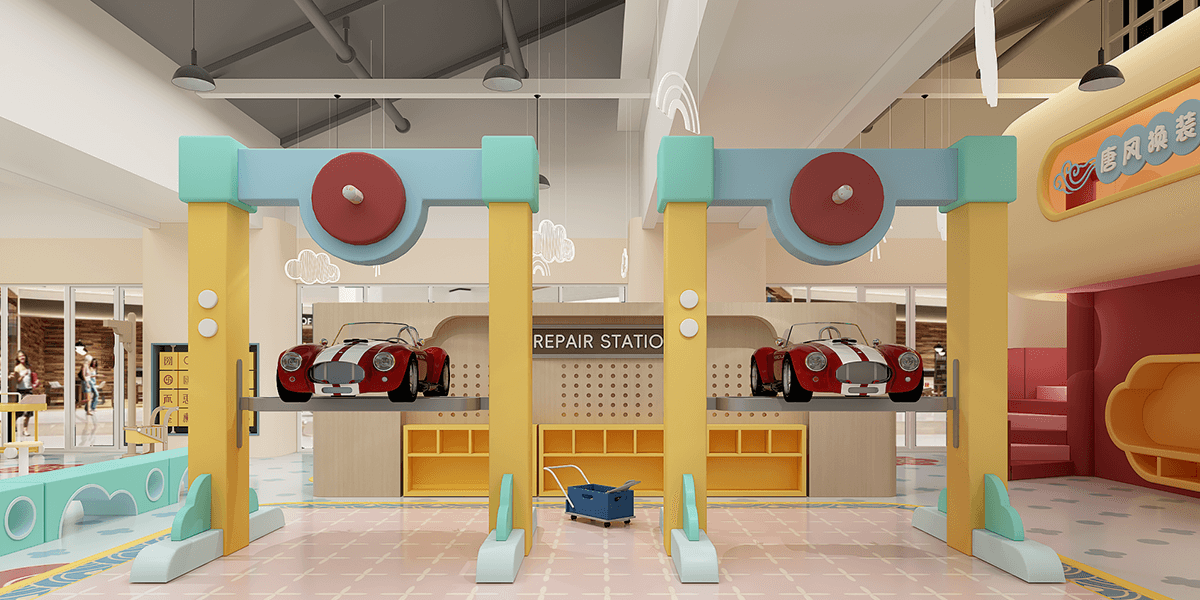 Vibrant play area with colorful car repair station, toy cars on lifts, and a bright, playful design.