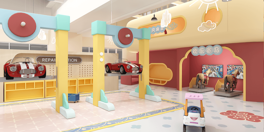 Colorful play area with car repair station, toy cars on lifts, and horse ride-on toys in a vibrant, whimsical setting.