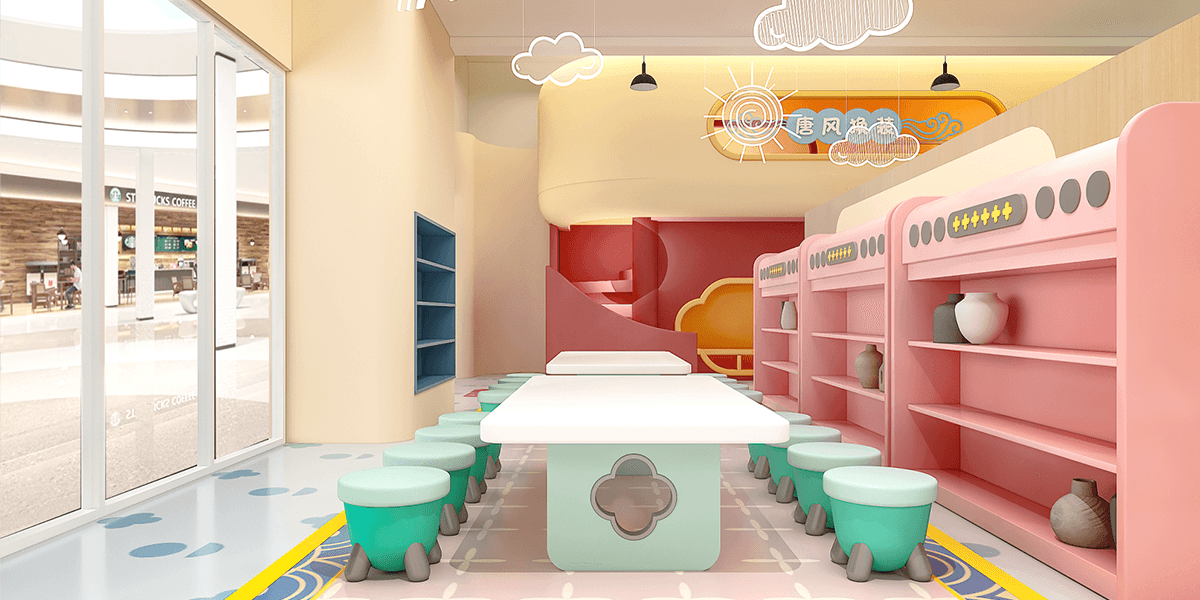 Colorful interior with a white table, green and pink stools, shelves with pottery, and large windows looking out to a Starbucks.