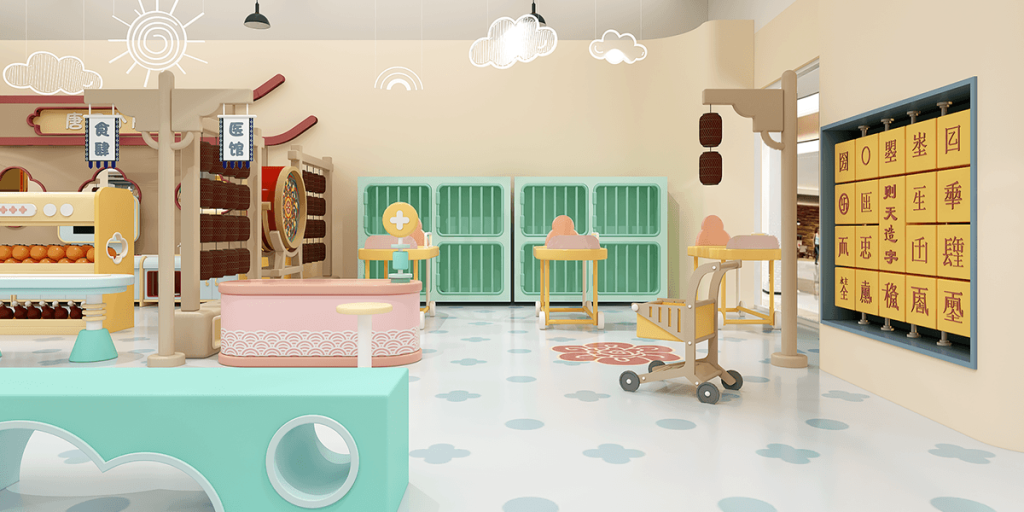 Playful interior with colorful shelves, a shopping cart, interactive wall with Chinese characters, and vibrant seating areas.