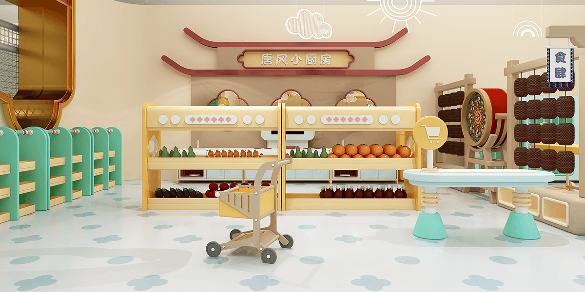 Colorful interior of a playful store with shelves of fruits and snacks, a shopping cart, and a whimsical table.