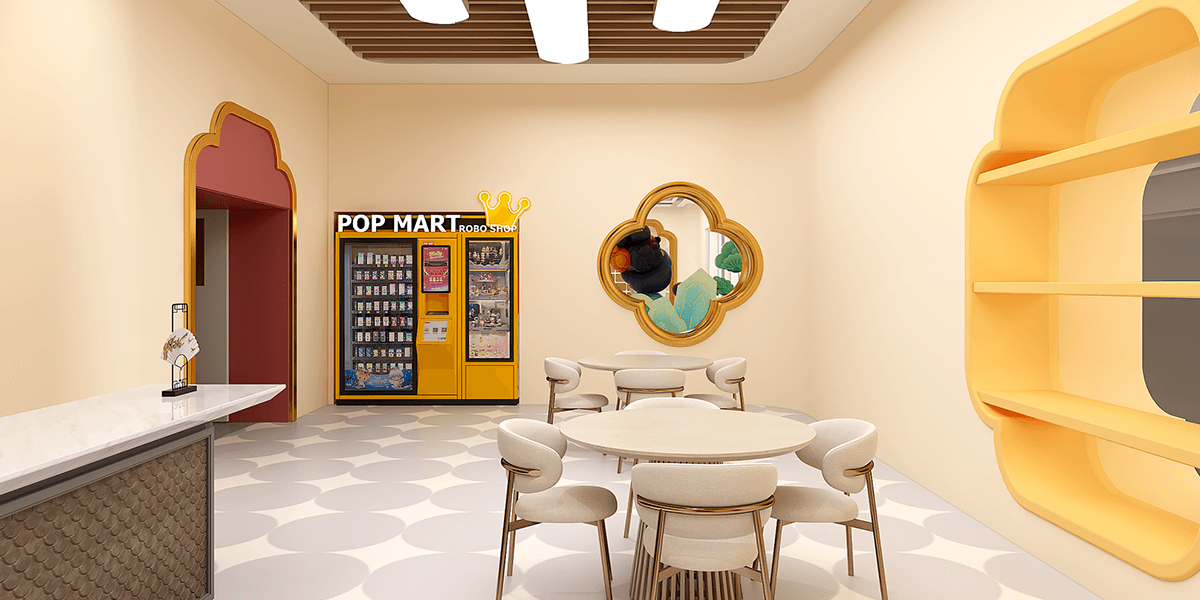 Modern interior with a Pop Mart vending machine, round table, stylish mirror, and yellow open shelving.