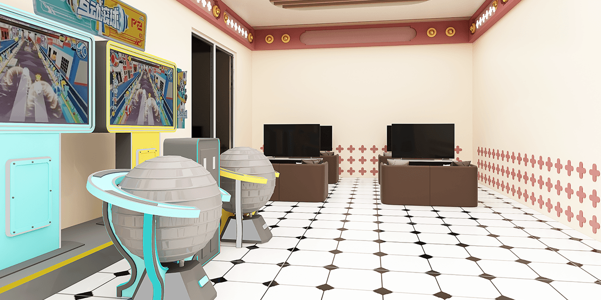 Modern indoor arcade with interactive gaming machines and TV play stations for kids.