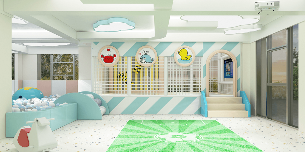 Bright playroom with a ball pit, animal-themed decorations on the wall, a colorful soccer field rug, and a staircase leading to a play area.