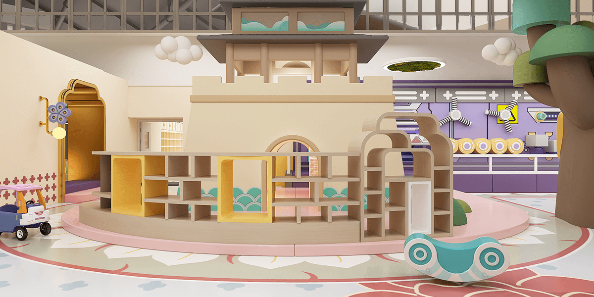 Playful indoor space featuring a wooden toy castle, colorful storage shelves, a toy car, and whimsical tree decorations.