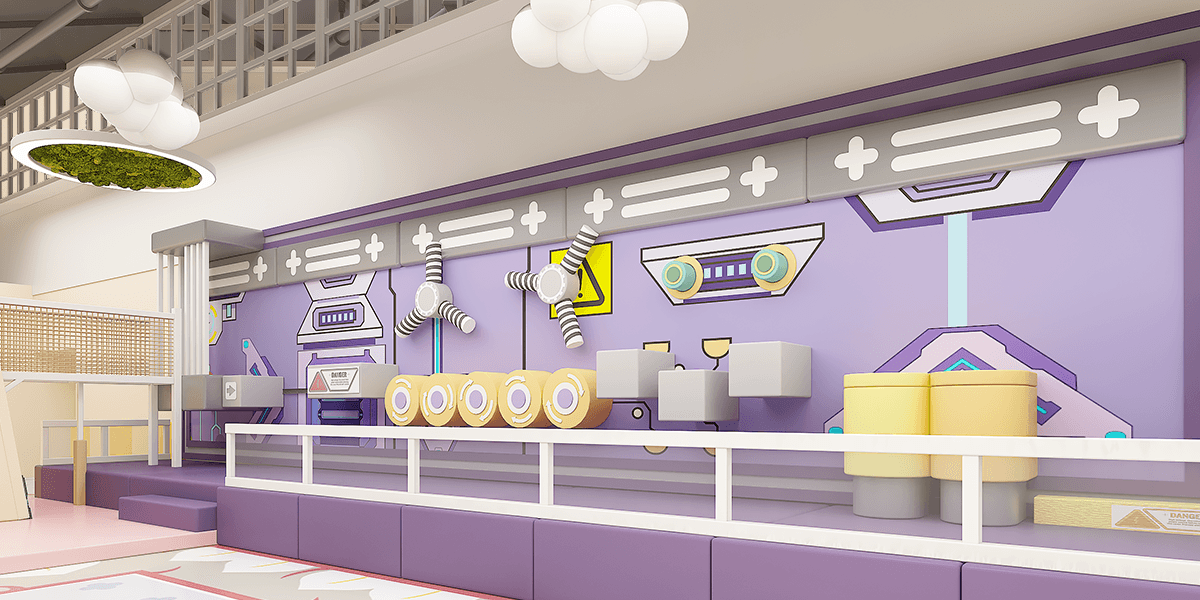 Colorful play area wall with purple and yellow geometric designs, spinning fans, and playful mechanical-inspired elements.