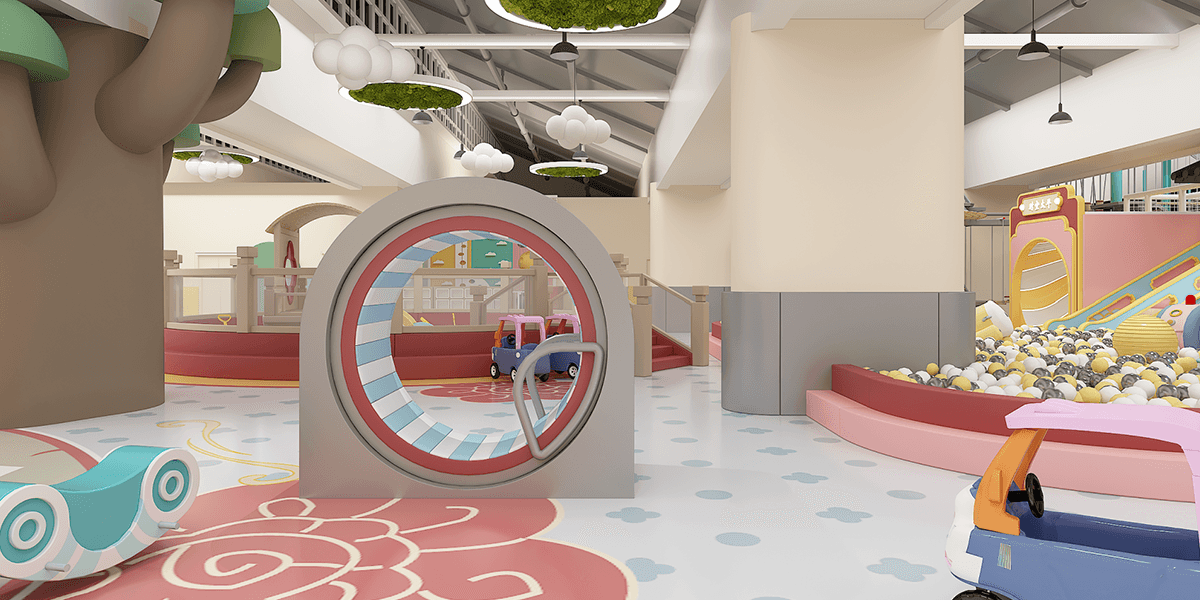 Colorful indoor play area featuring a toy car, a circular tunnel, a ball pit, and whimsical trees with cloud-shaped light fixtures.