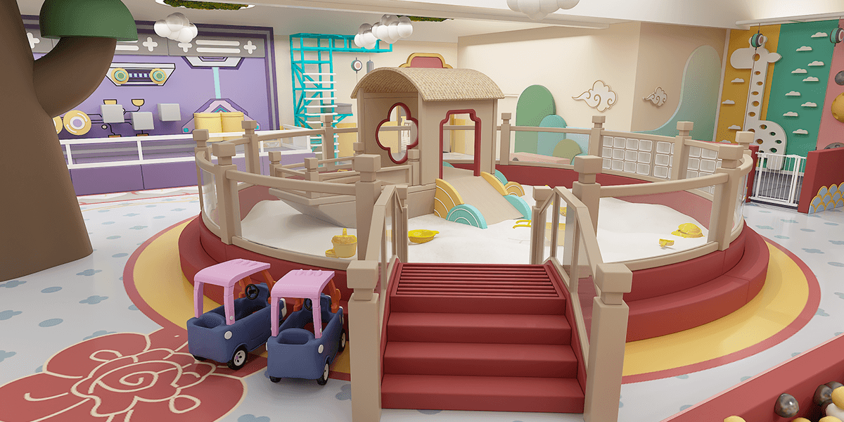 Colorful indoor play area featuring a sandpit with a wooden playhouse, stairs, toy cars, and whimsical cloud and nature-themed walls.
